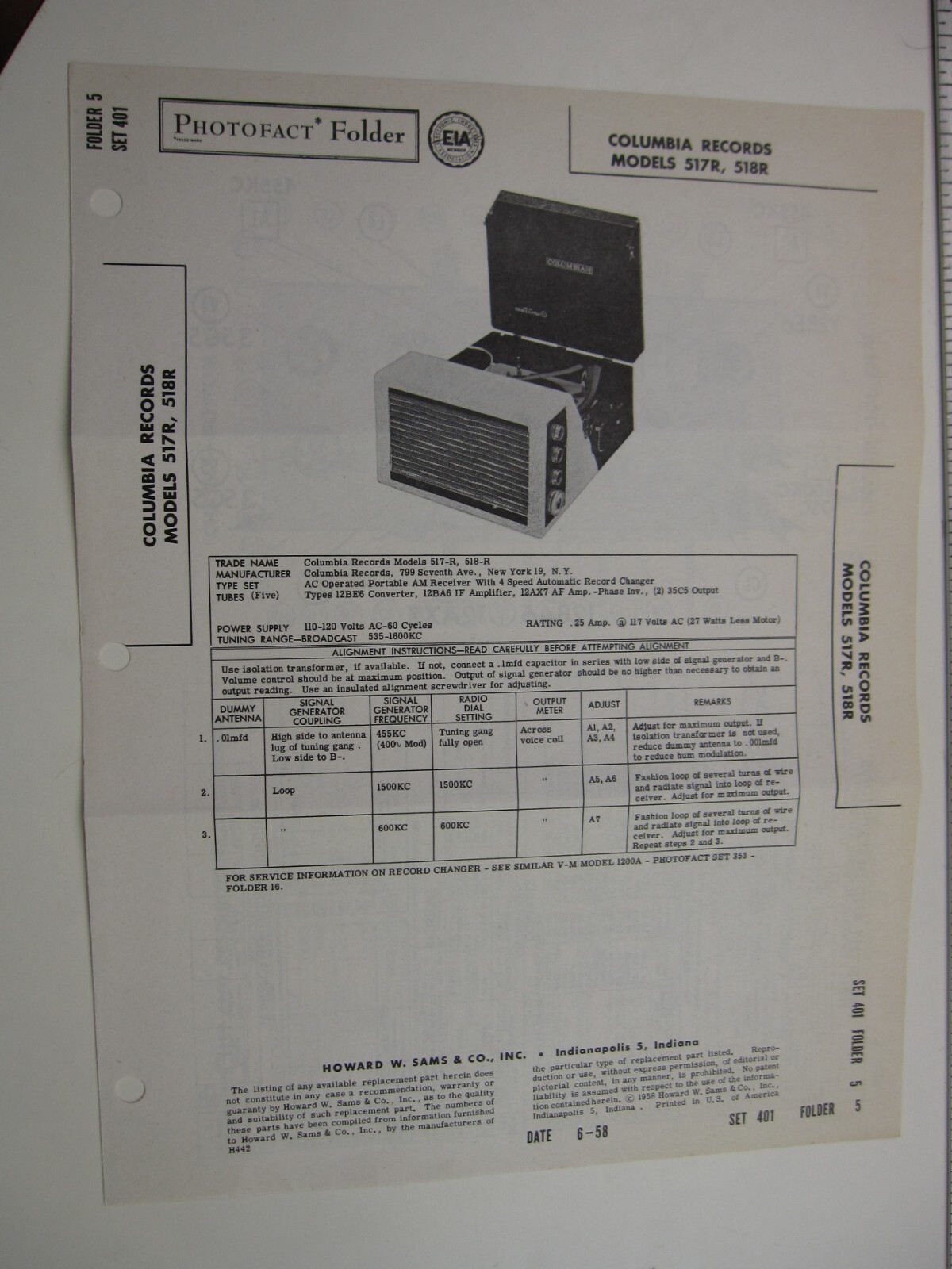 1950\'s Sams Photofact COLUMBIA RECORDS Model 517R, 518R BIS 1950\'s Sams Photofact COLUMBIA RECORDS Model 517R, 518R BIS