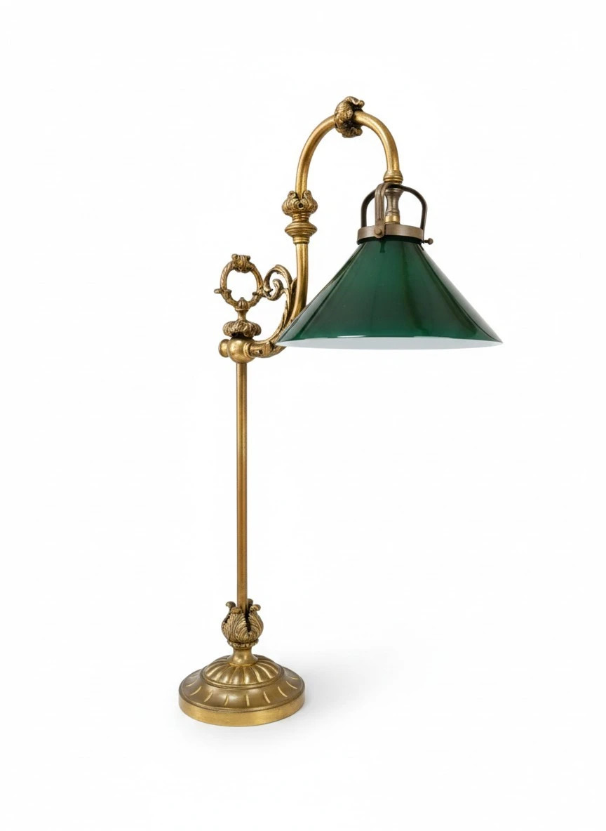 Antique Gilt Bronze Rise and Fall Table Lamp with Green Glass Shade, c.1900