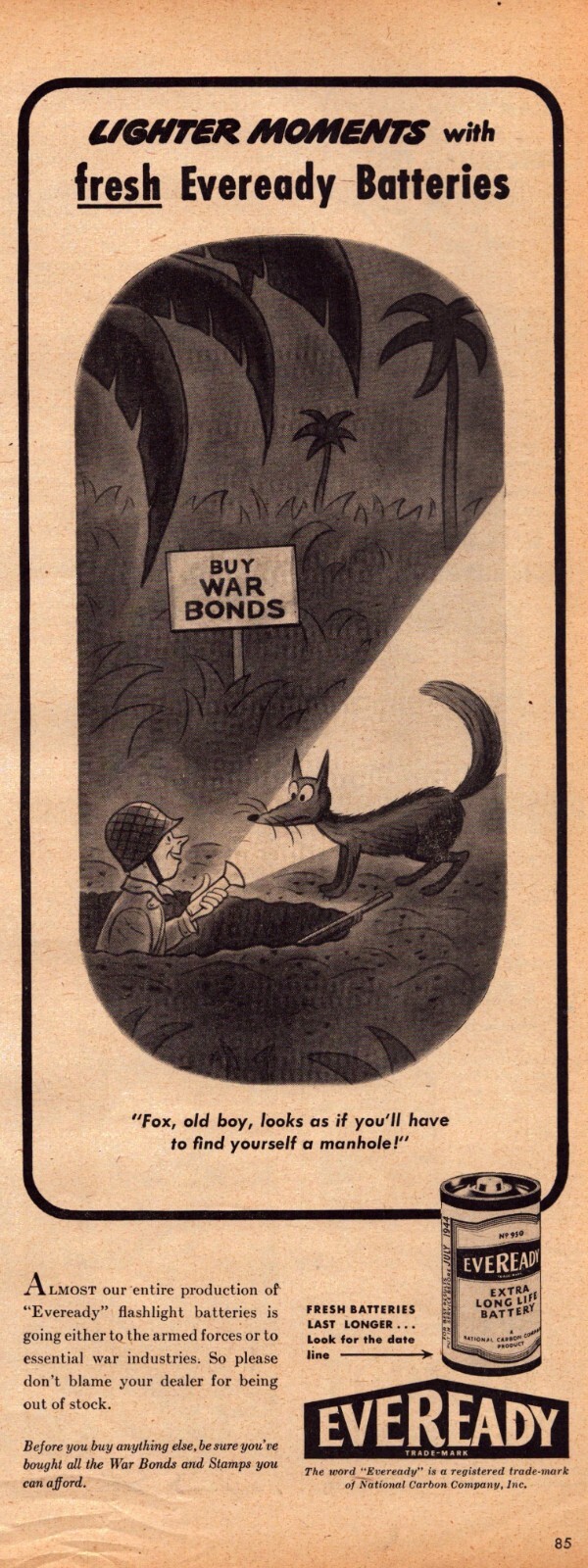 1944 Eveready Batteries Vintage Print Ad WWII Era Army Foxhole Buy War Bonds