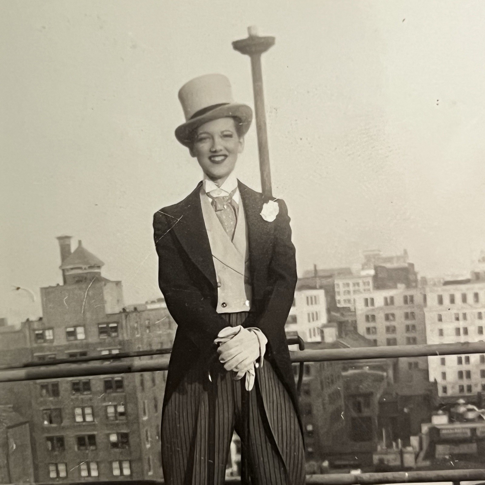 Antique Snapshot Photograph Woman In Top Hat Suit New York NY Building Sapphic