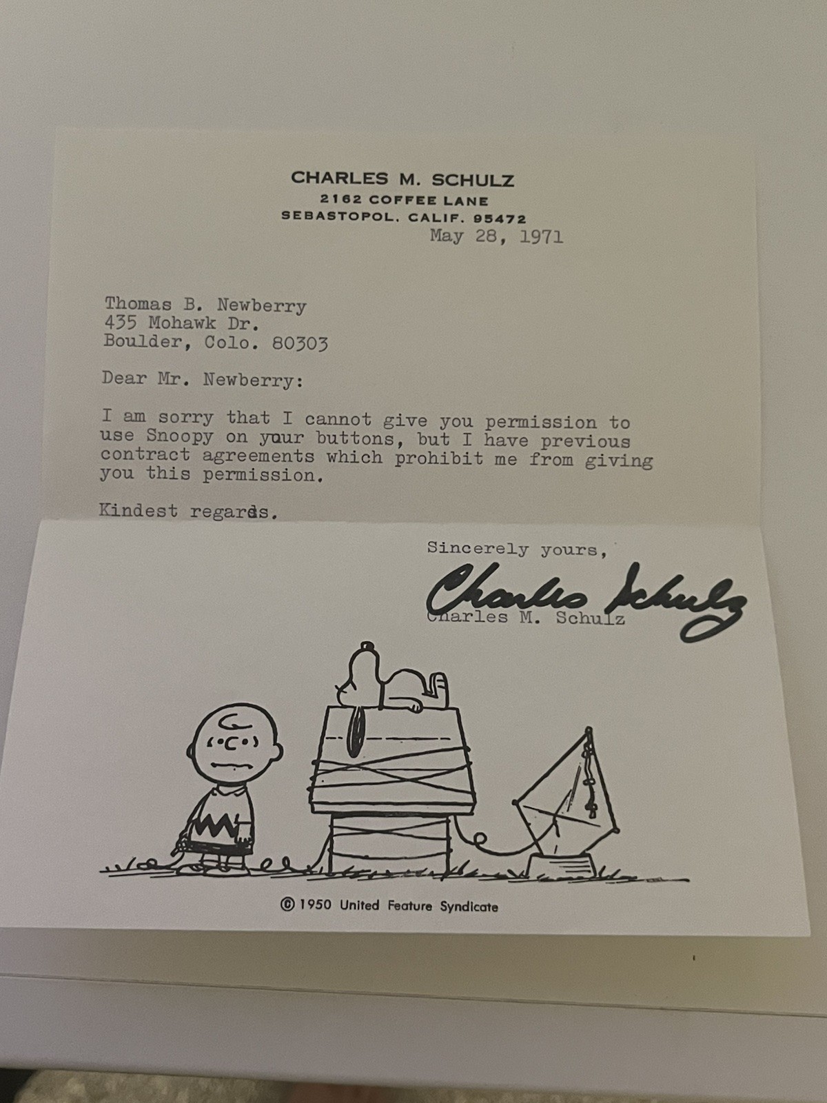 Charles M Schulz Autographed letter Charlie Brown  Peanuts envelope Snoopy