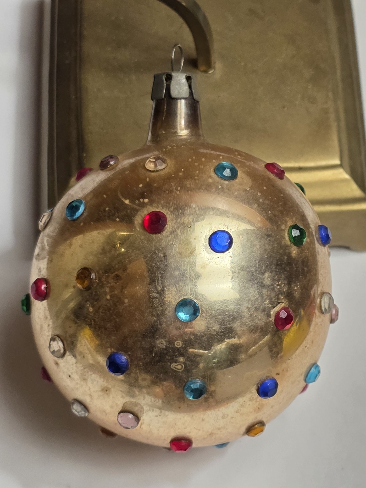 Vintage POLAND Jeweled Gold Mercury Glass Christmas Ornament 2 75