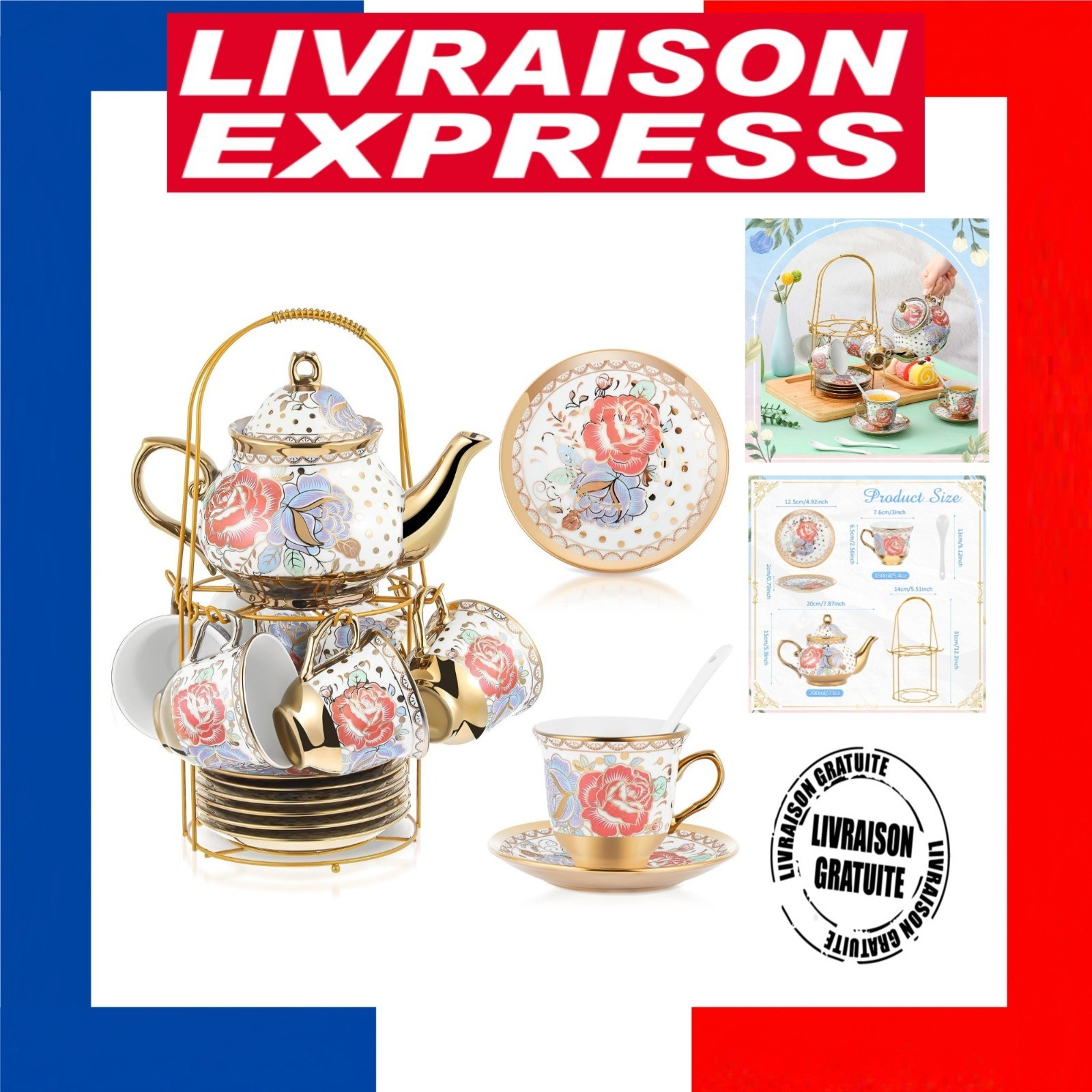 Zhehao Porcelain Tea Set 20 Pc European Floral Teapot Cups Saucers