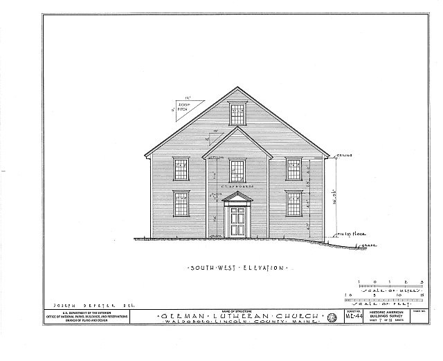 Photo:Waldoboro Maine German Lutheran Church 1900s HABS Elevation Drawing