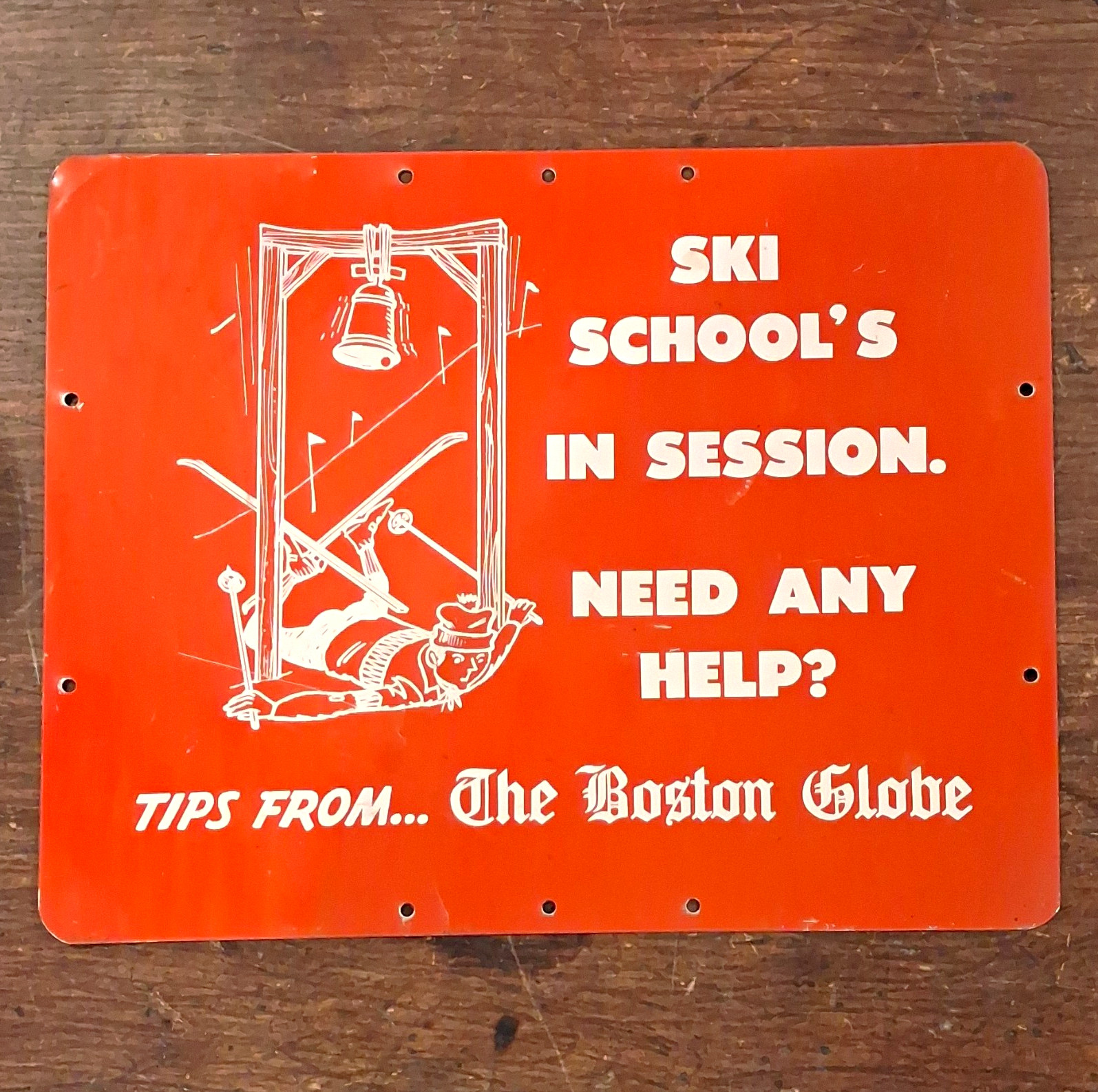 Vintage Boston Globe Ski School Metal Sign 11x14 Winter Sports Lodge Cabin Decor