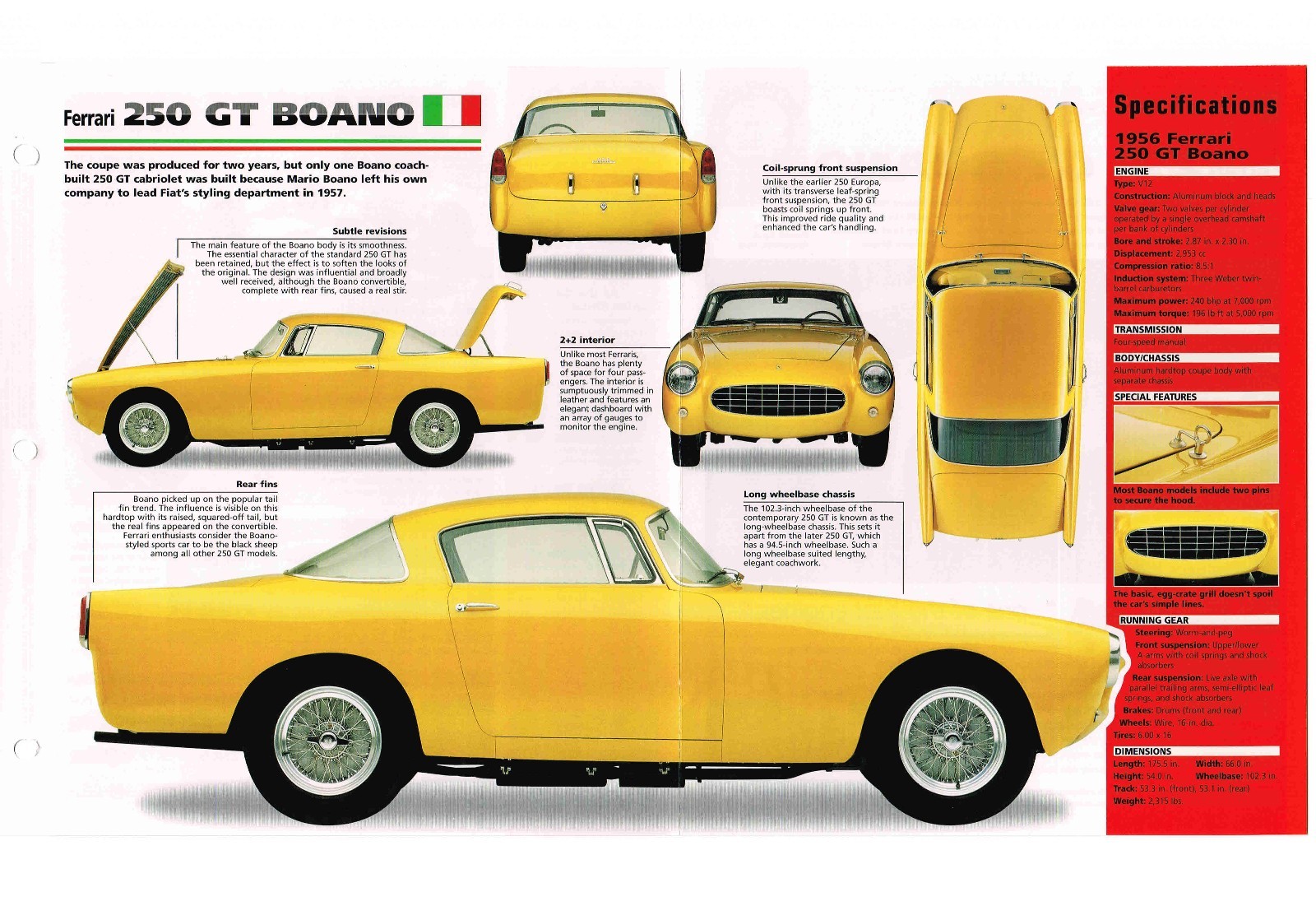 1956 / 1957 / 1958 FERRARI 250 GT BOANO SPEC SHEET / Brochure / Photo\'s