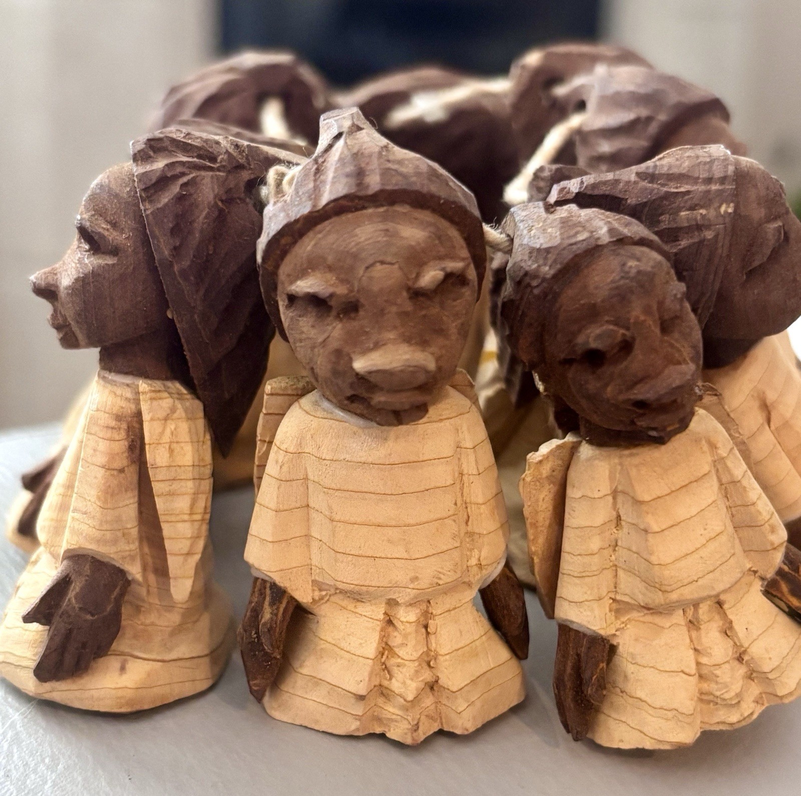12 Artisan Wood Hand Carved Angel/People Figures Tribal Bead Ethnic Folk Art