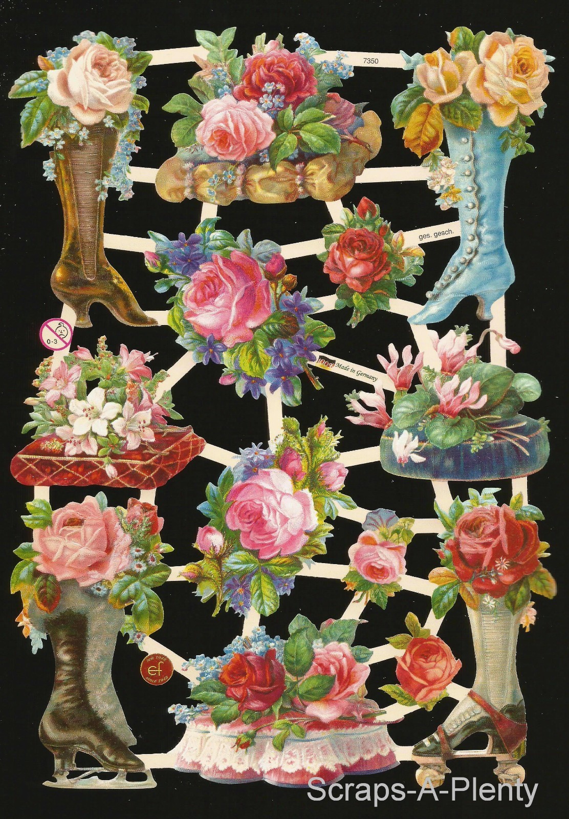 German Embossed Vintage Style Scrap Die Cut - Victorian Boots & Flowers EF7350 German Embossed Vintage Style Scrap Die Cut - Victorian Boots & Flowers EF7350