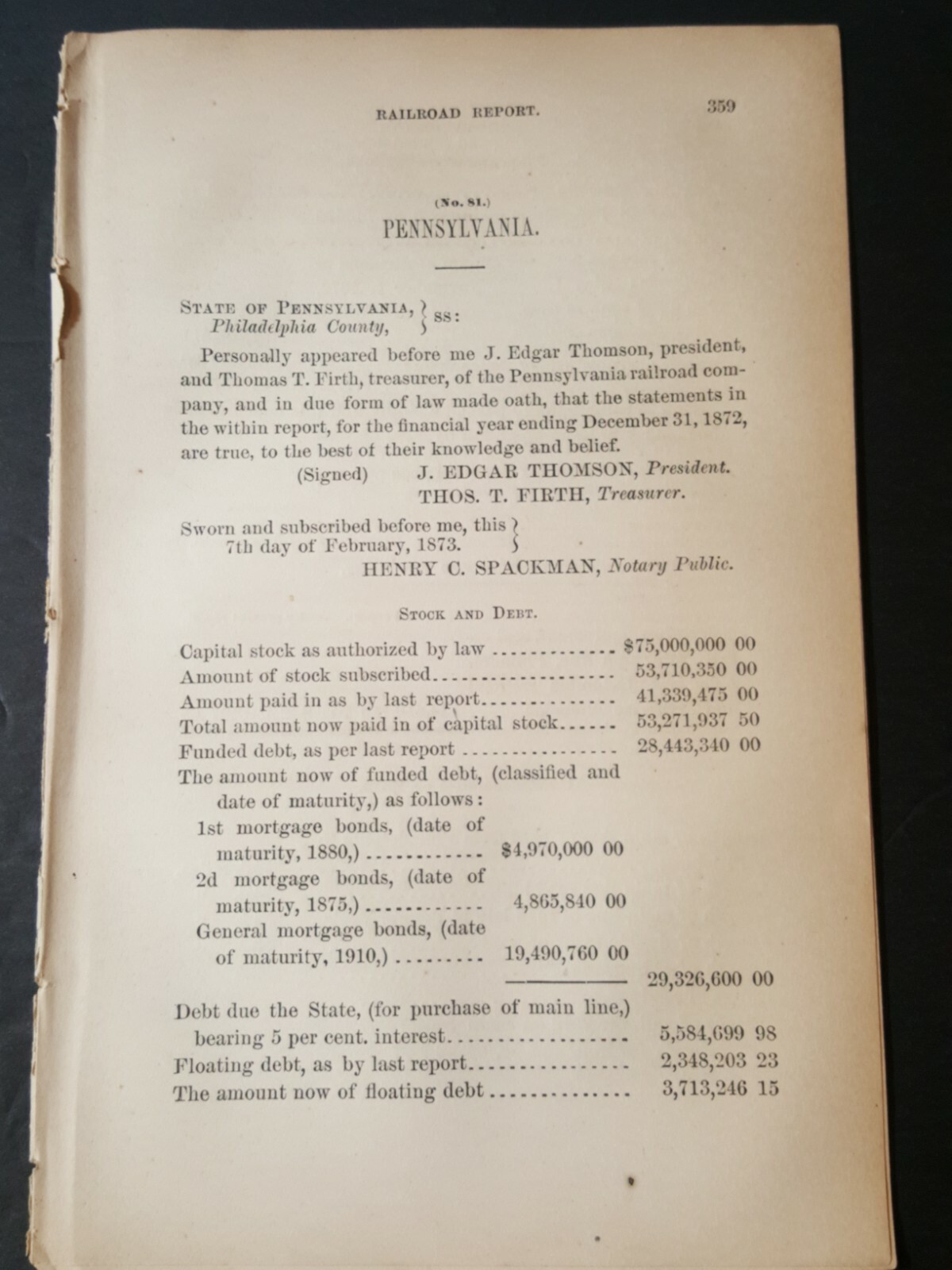 1873 train report PENNSYLVANIA RAILROAD COMPANY rolling stock freight 9 pages