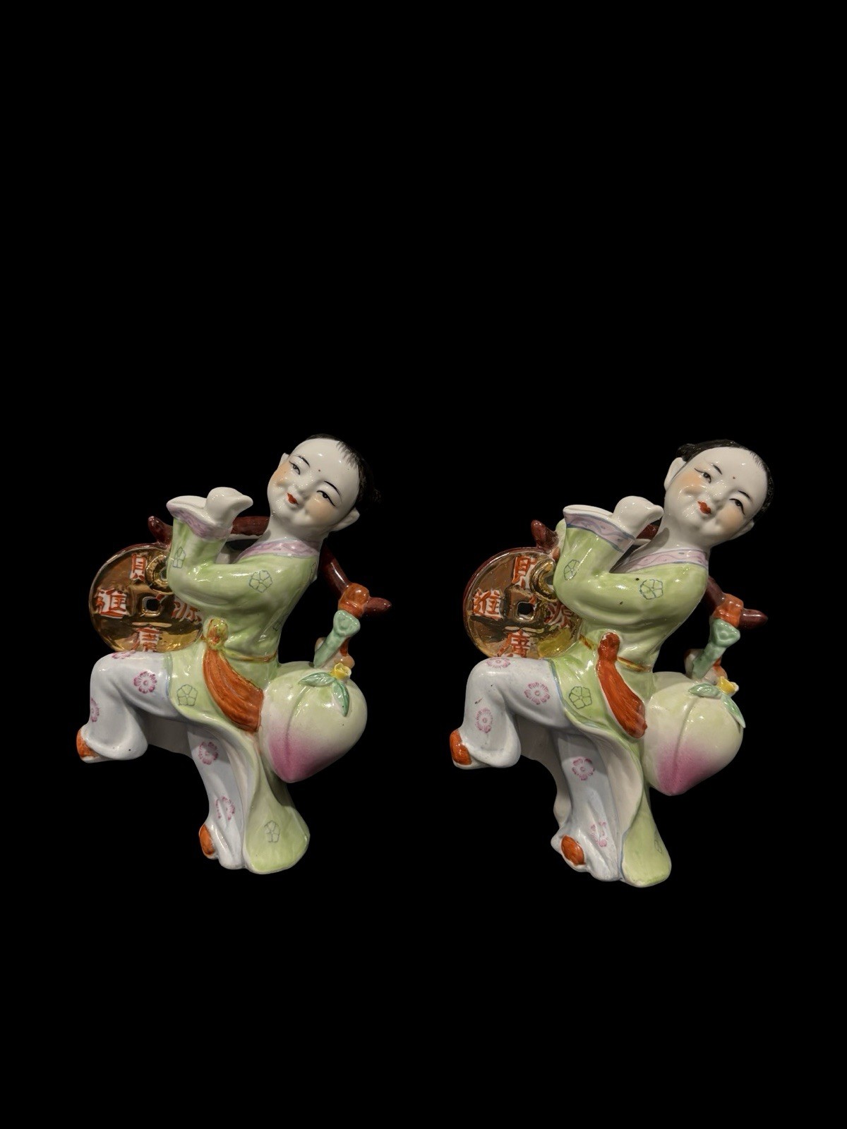 2 VTG ANTIQUE ASIAN CHINESE PORCELAIN FIGURINE MARCHING PLAYING DRUM