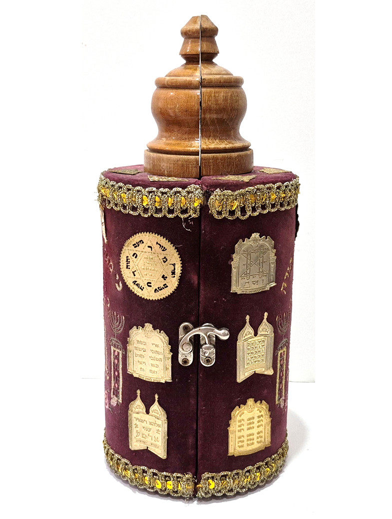 Vintage Torah Scroll Wood Velvet Case 13 Gold Kabbalah Amulets Judaica Israel