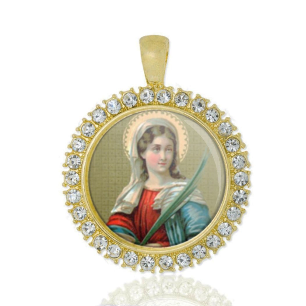St Lucy Christian Round Medal Gold Tone Pendant with Rhinestones