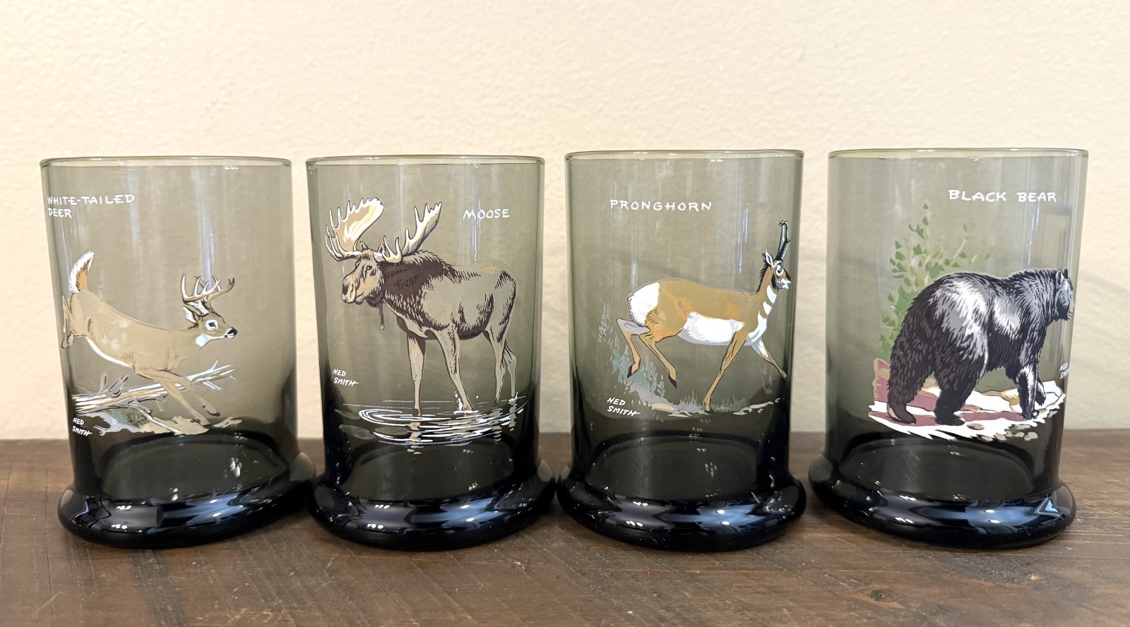 Set Of 4 Vintage MCM Ned Smith Big Game Highball Glasses RARE