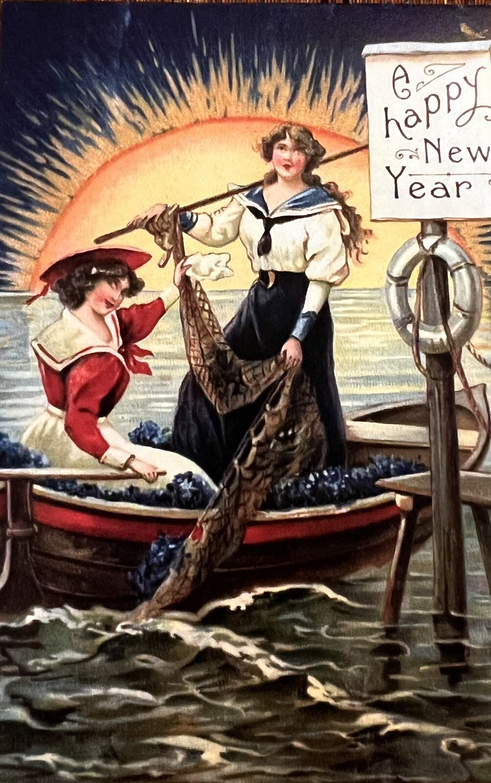 A Happy New Year Women On A Small Boat Vintage Inspired Postcard Card #4523