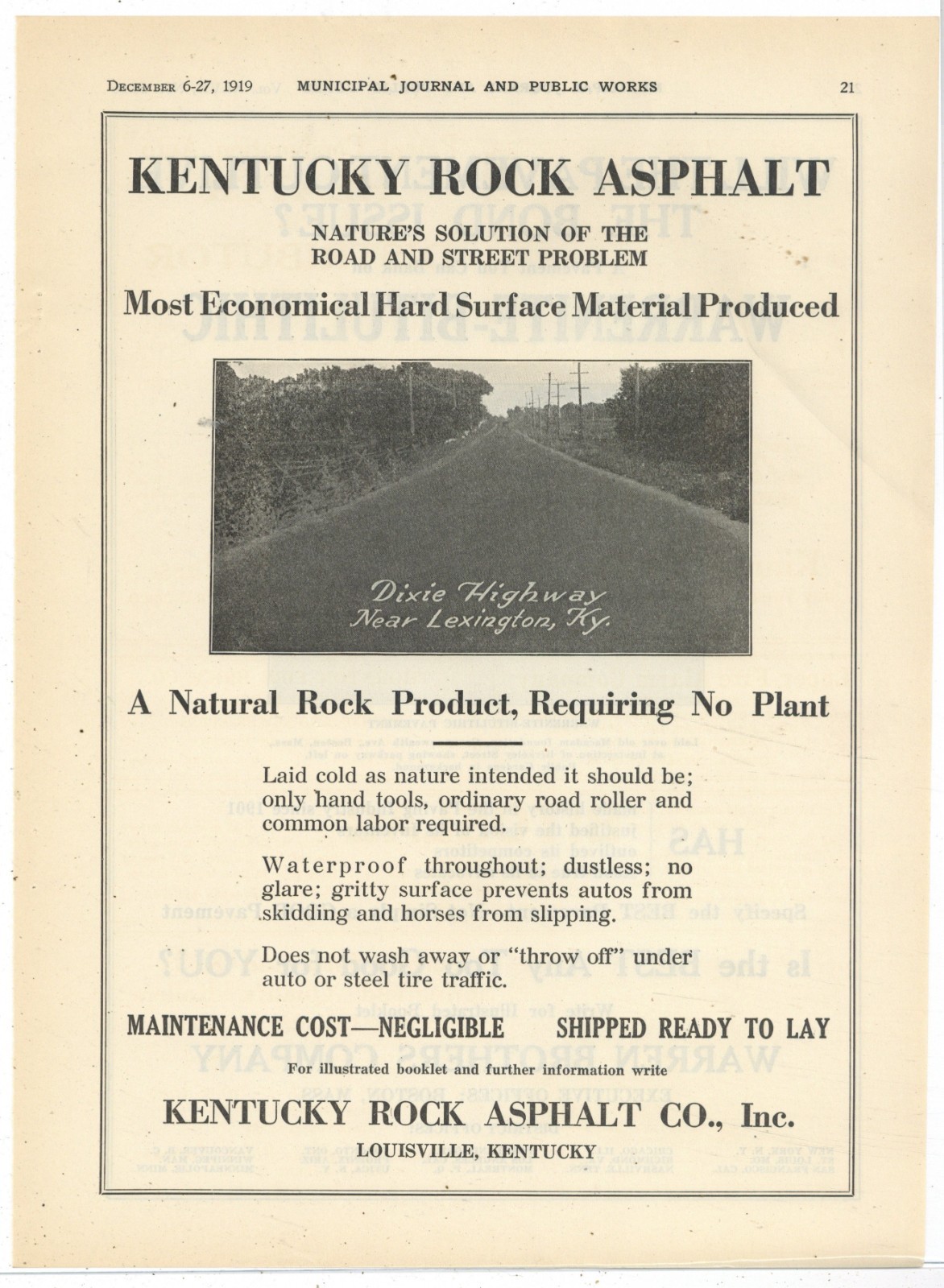 1919 Kentucky Rock Asphalt Ad: Dixie Highway Scene Near Lexington Kentucky