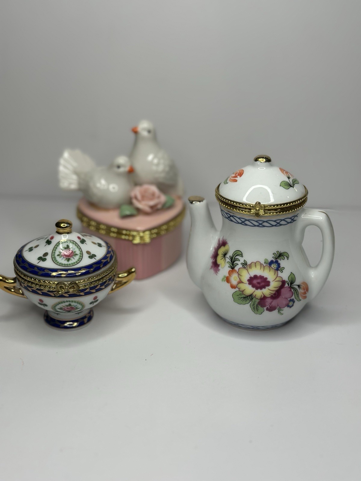 3 PORCELAIN HINGED TRINET BOXES - Limoges Covered Dish, Teapot & Doves Roses