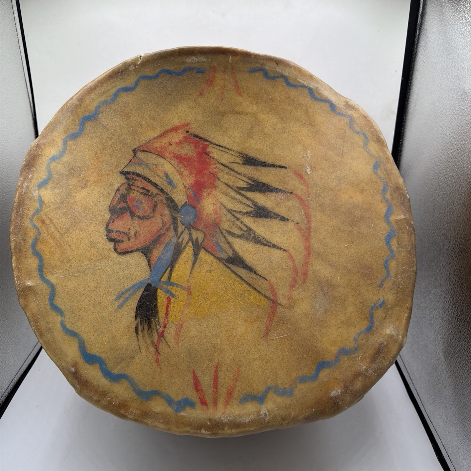 Antique Native American Rawhide Wood Large 16” leather drum painted Artifact VTG