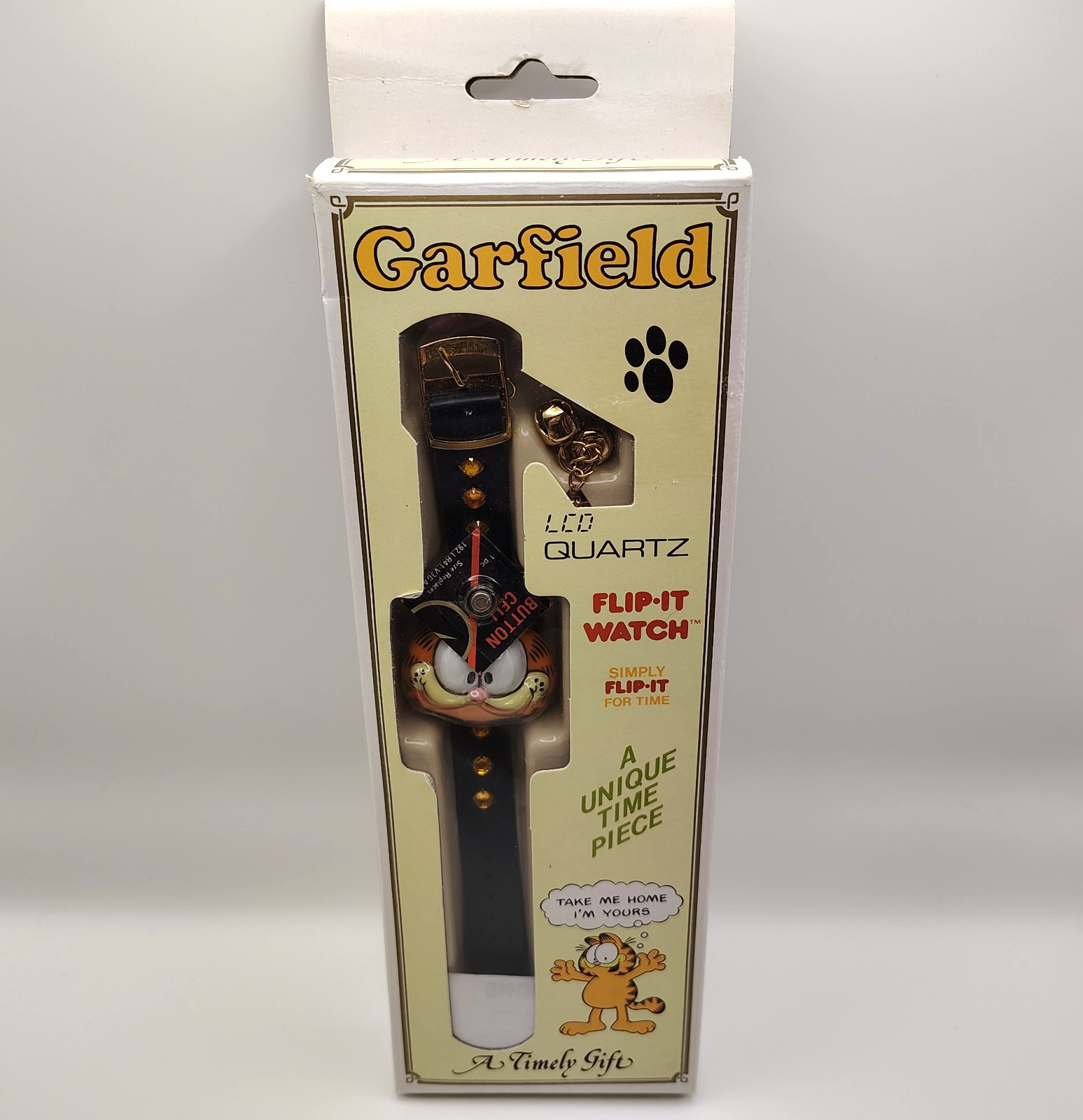 Garfield Flip-It Watch LCO Quartz Rhinestones Bells Name Tag In Box Vintage Garfield Flip-It Watch LCO Quartz Rhinestones Bells Name Tag In Box Vintage