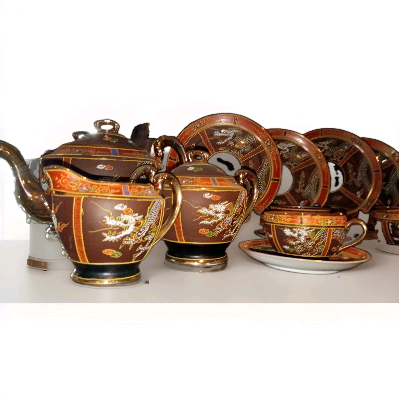 Vintage Japanese Satsuma Moriage Dragon Ware Tea Set 19 Pc Hand Painted Japan