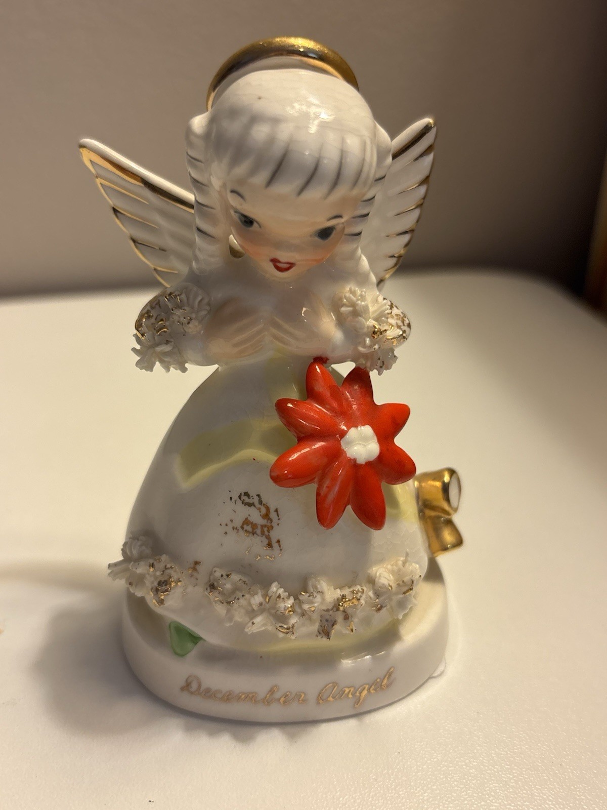 Vintage Napco December Christmas Angel Figurine Spaghetti Trim Poinsettia S1372