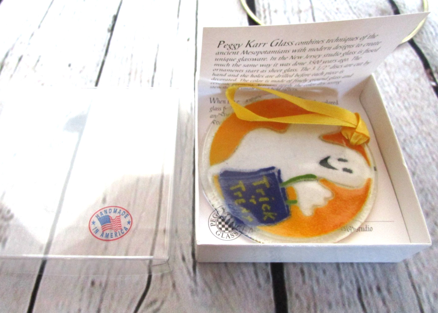 Peggy Karr Fused Glass GHOST TRICK TREAT Halloween Ornament or Suncatcher + Box