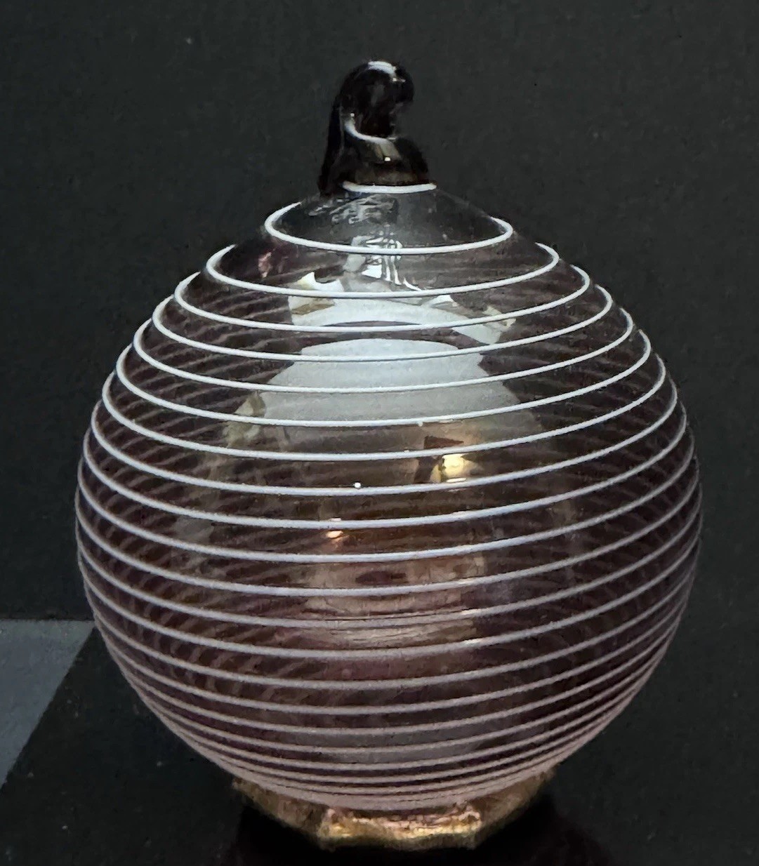 Hand Blown Swirled Round Christmas Ornament Signed 4”