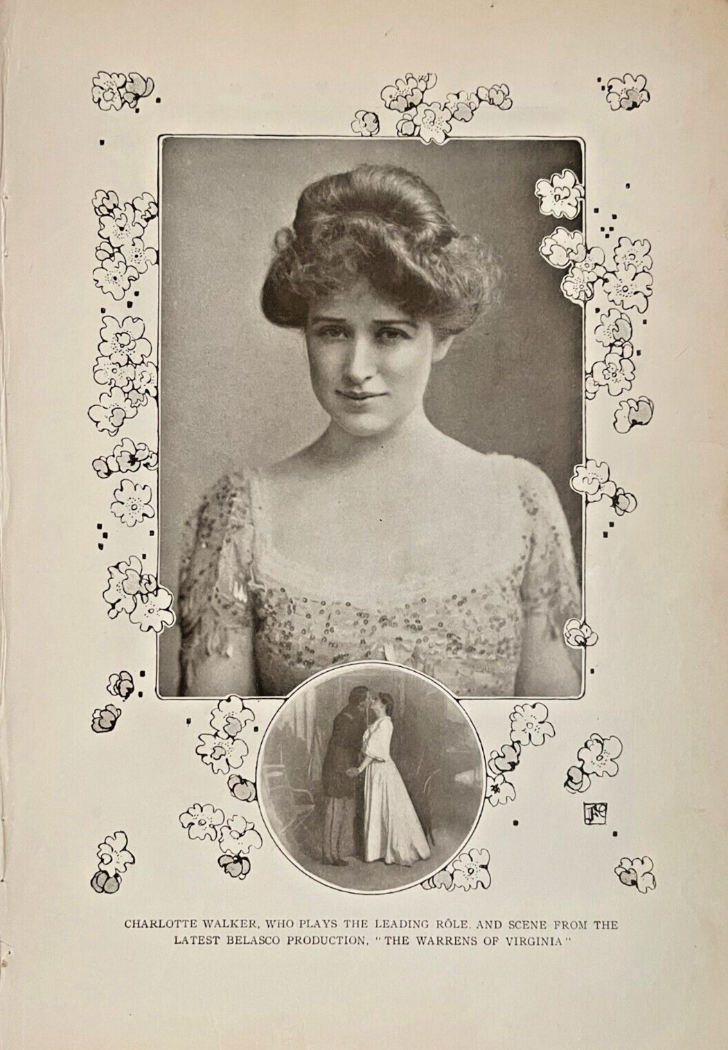 1908 Vintage Magazine Illustration Actress Charlotte Walker