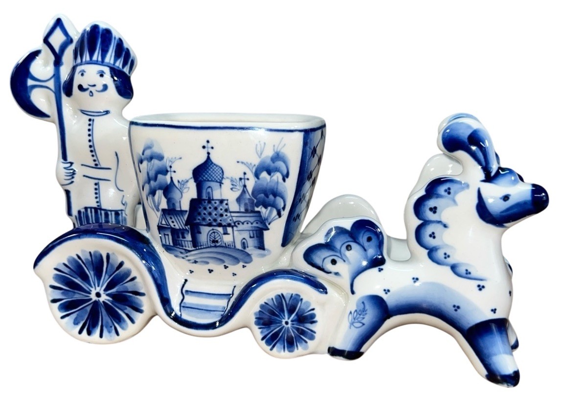 Vintage Russian Gzhel horse Buggie Solder Hand Painted Blue & White