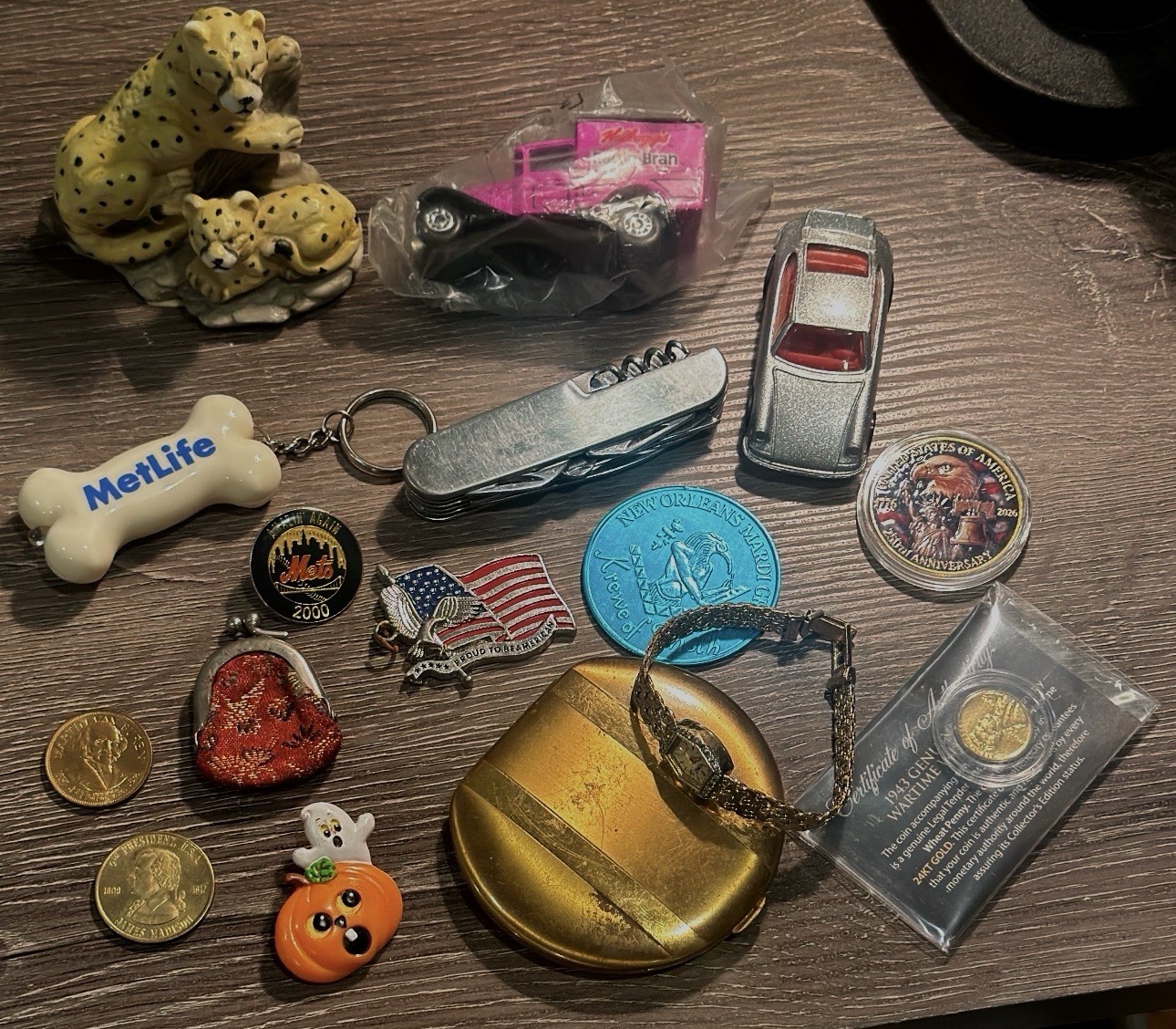 Vintage Junk Drawer Lot 16pc Gold Compact Topaz Nugget Watch 1943 Penny Toys 