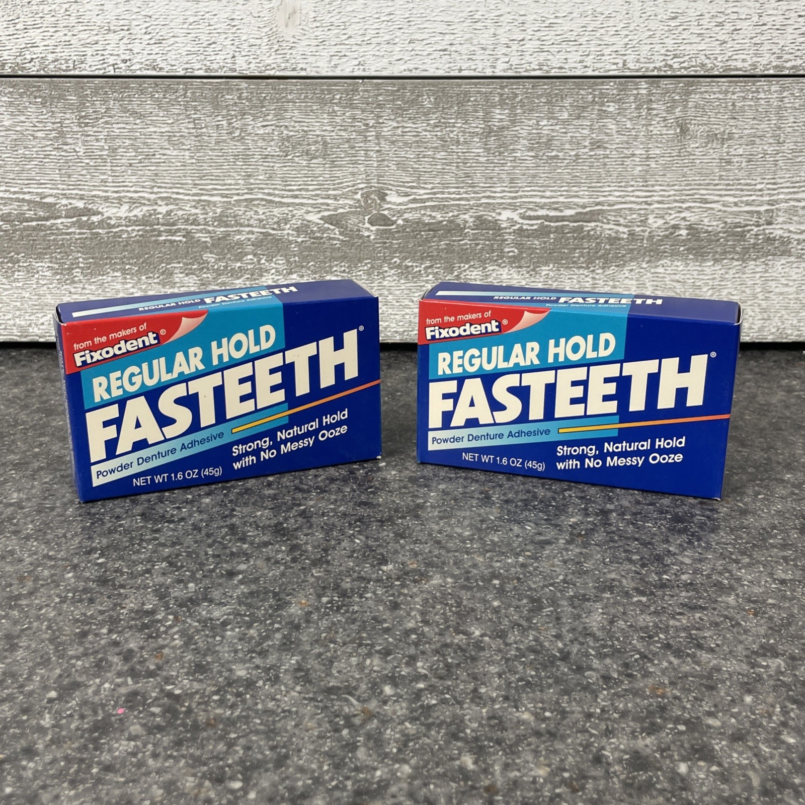 Vintage New Old Stock FASTEETH Denture Adhesive Powder 1.6 OZ Bottle (LOT OF 2)