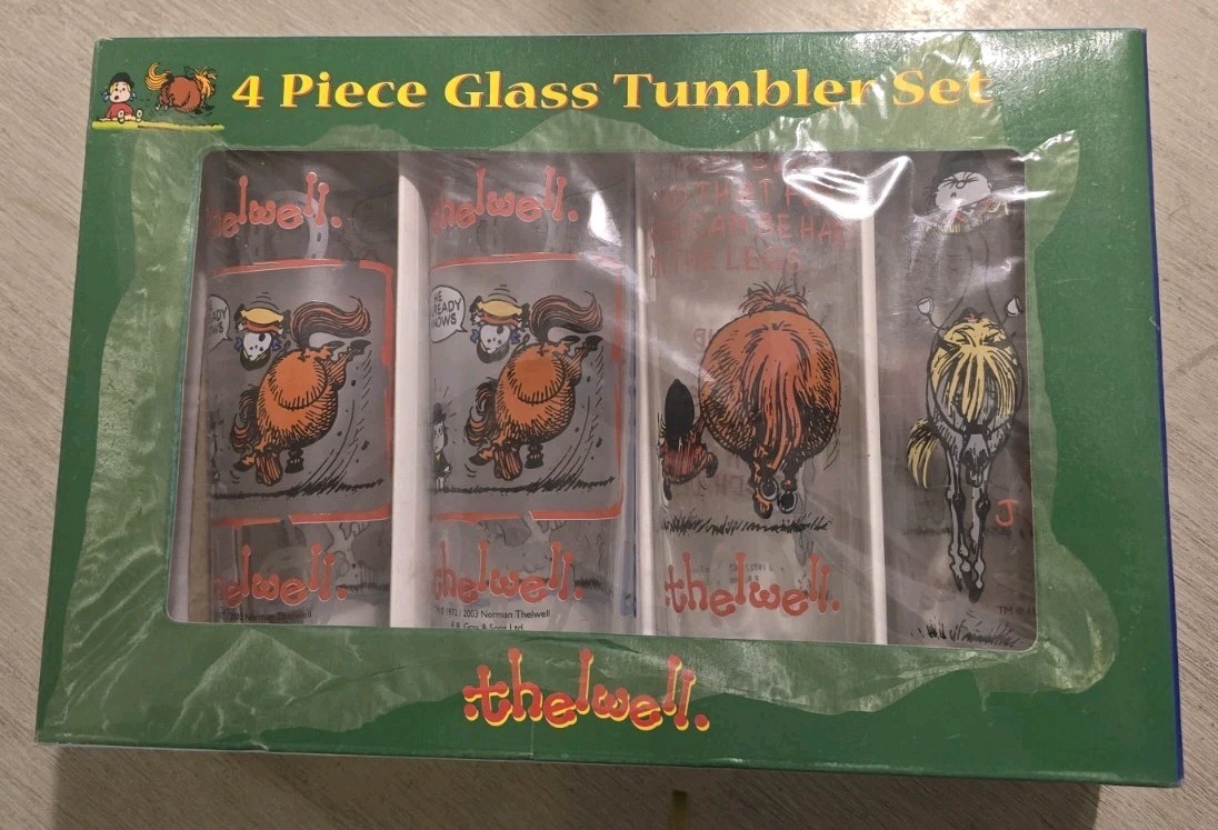 Vintage Norman Thelwell 4-Piece Ta Glass Tumbler Set – Rare Horse & Pony Cartoon