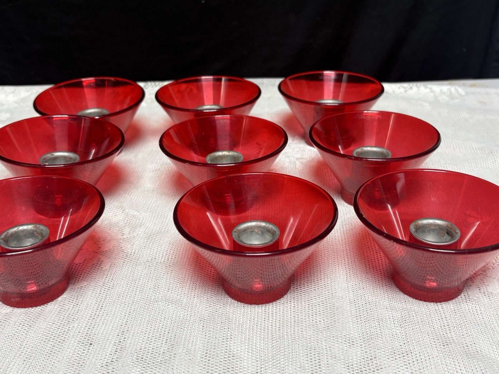 Lot of 9 Vtg MCM Red Lucite Acrylic Fluted Votive Candle Holders Christmas Deco