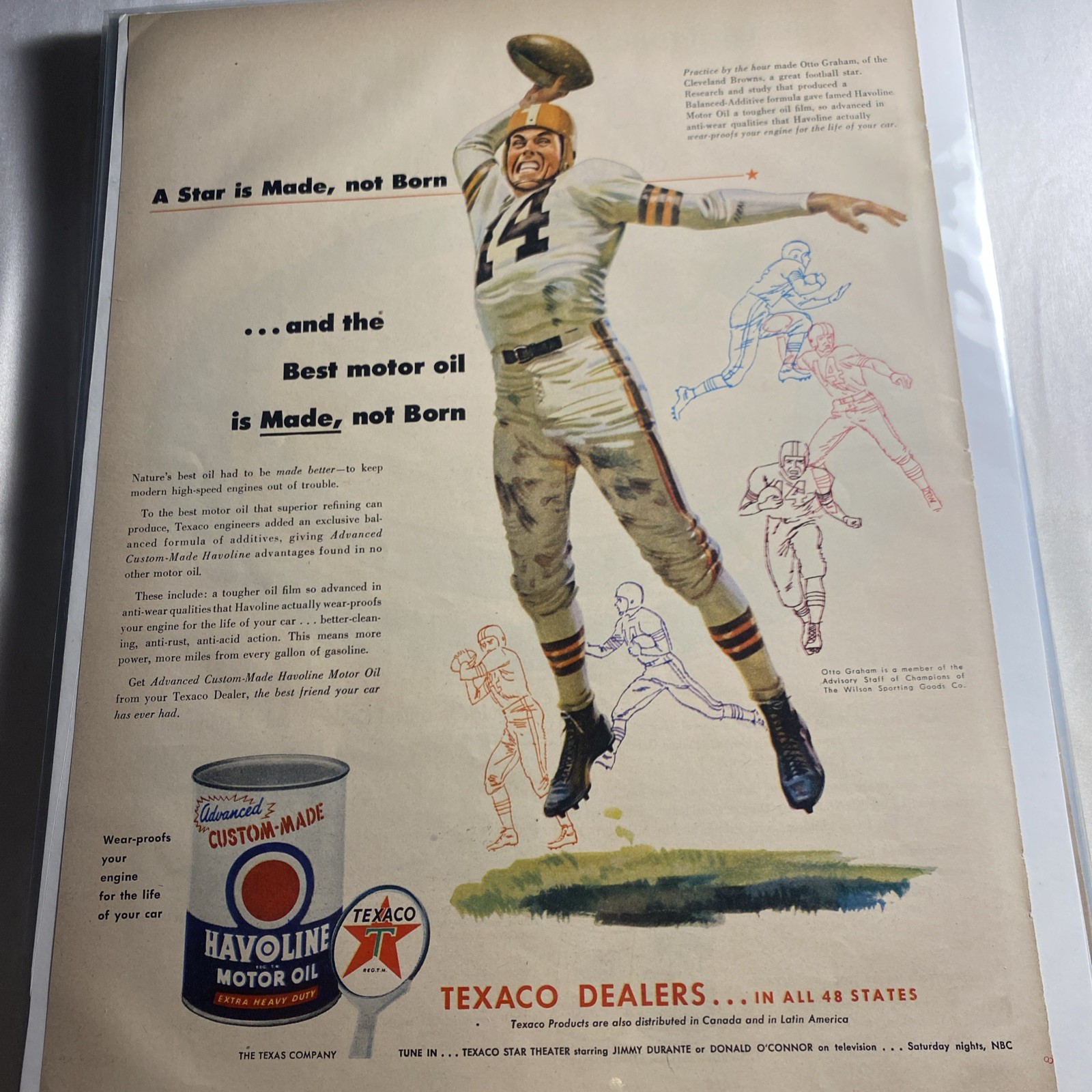 Vintage 1950s Texaco Havoline Motor Oil Magazine Ad Otto Graham Football