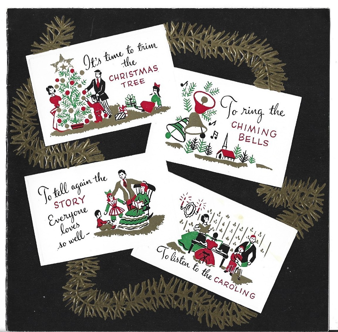 VTG CHRISTMAS CARD 5.5X5.5 GLOSS BLACK TRIM THE TREE RING BELLS TELL STORIES