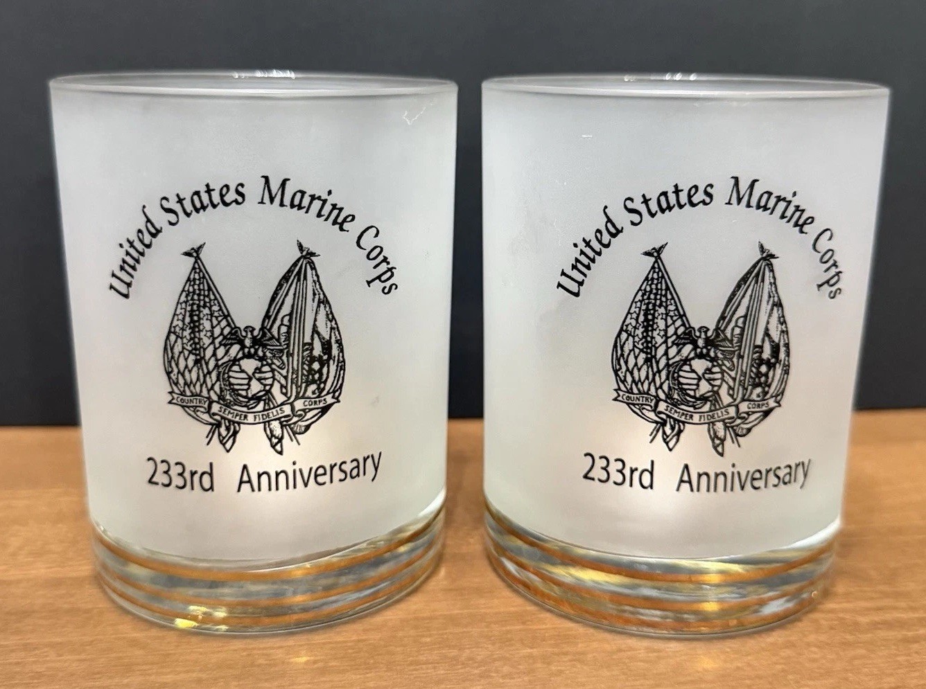 United State Marine Corps 233rd Anniversary Frosted VNG 2) Whiskey Glasses 12oz