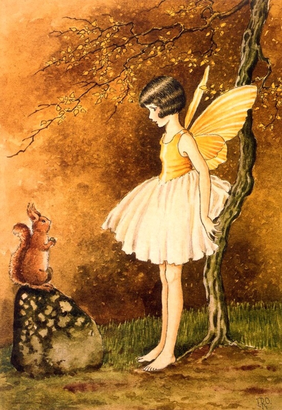Repro Postcard - Cute Fairy in Fall Forest Talks with Squirrel, Autumn
