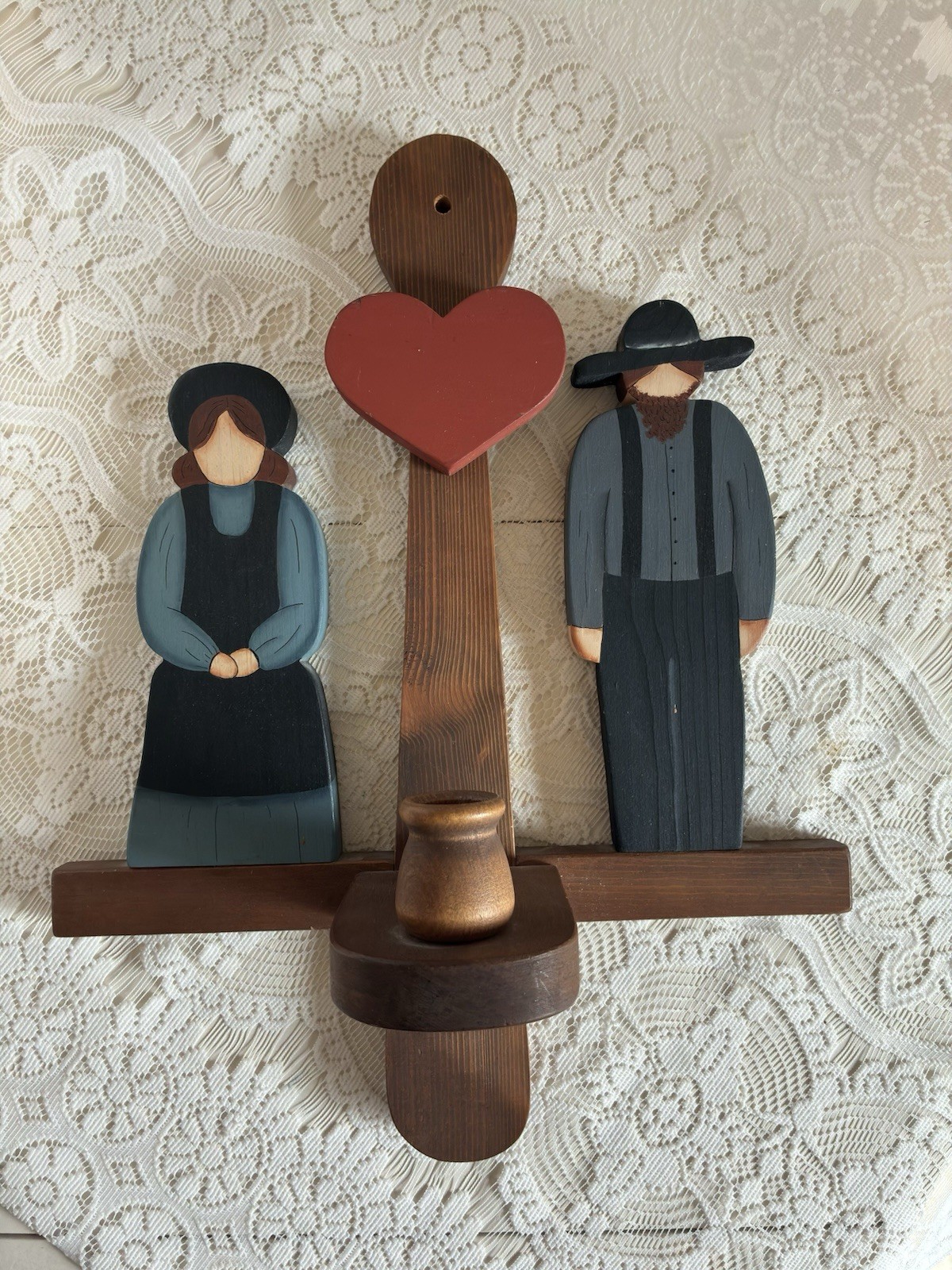 Vintage Amish Folk Art Wooden Wall Hanging Candle Holder Hand Painted Country