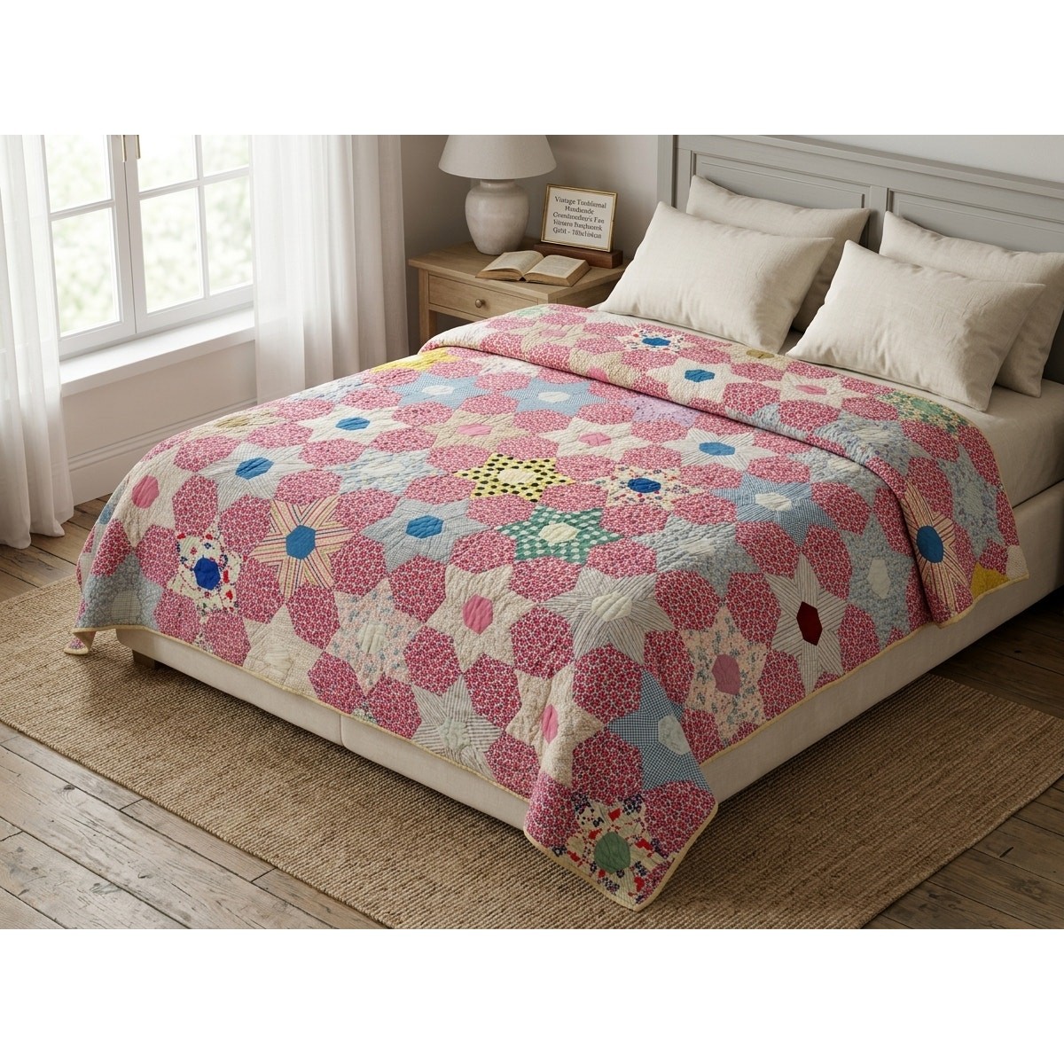 Vintage Traditional Handmade Grandmother\'s Fan Pattern Patchwork Quilt 188x164cm