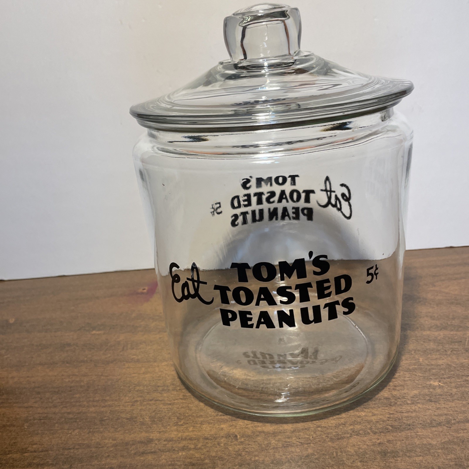 Vintage Tom’s Eat Toms Toasted Peanuts Clear Glass Jar - Clear Handled Lid