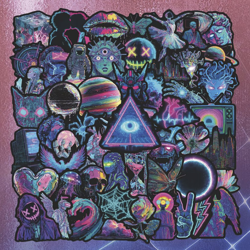 56 Pack Neon Cyberpunk Sticker Decal Set Matte 2 Inch Pink Purple Blue Heart -US