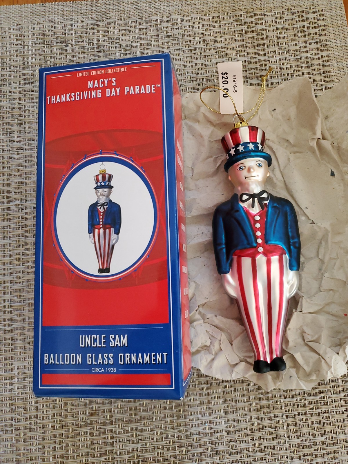 2002 Macy\'s Uncle Sam Balloon Glass Christmas Ornament New In Box 6\