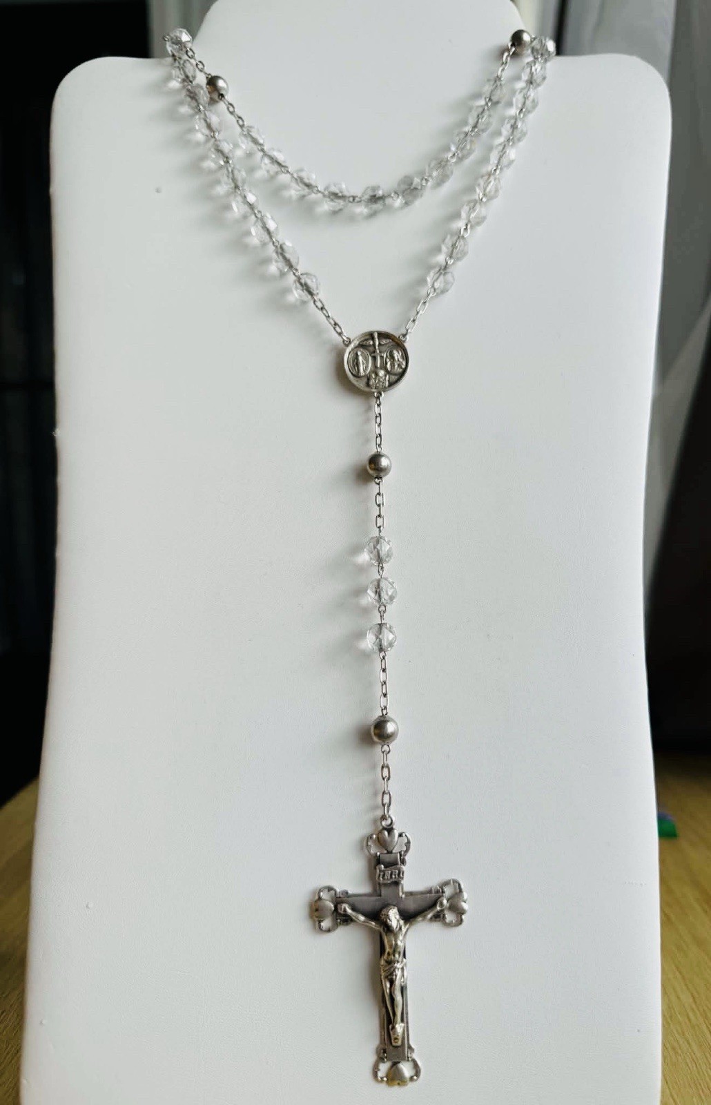 VTG 925 Sterling Silver Cross Crown Rosary Necklace Glass Crystal Beads