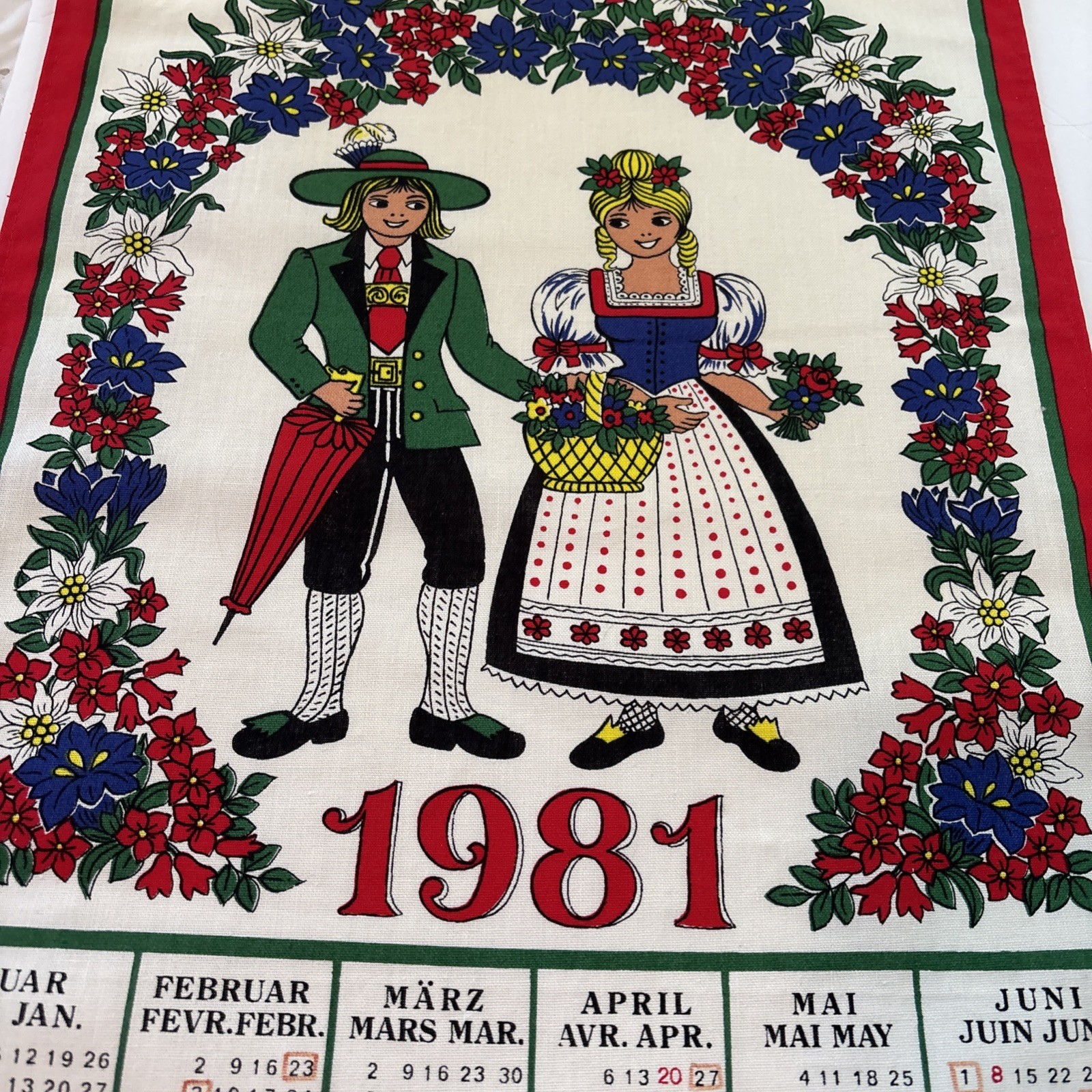 1981 Vintage Tea Towel Calendar German Folk Art Couple Grandma Core Cloth