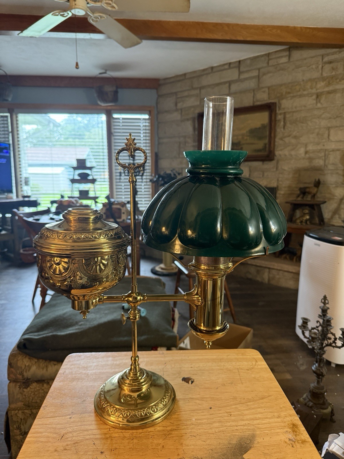 Vintage Brass Student Desk Lamp Green Glass Shades Victorian Style
