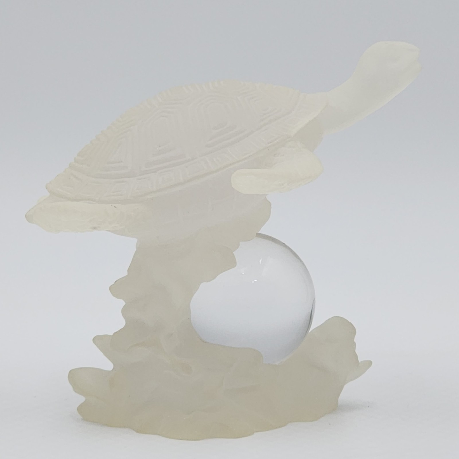 Vintage Frosted Resin Sea Turtle Figurine with Glass Ball Sphere on Wave Base