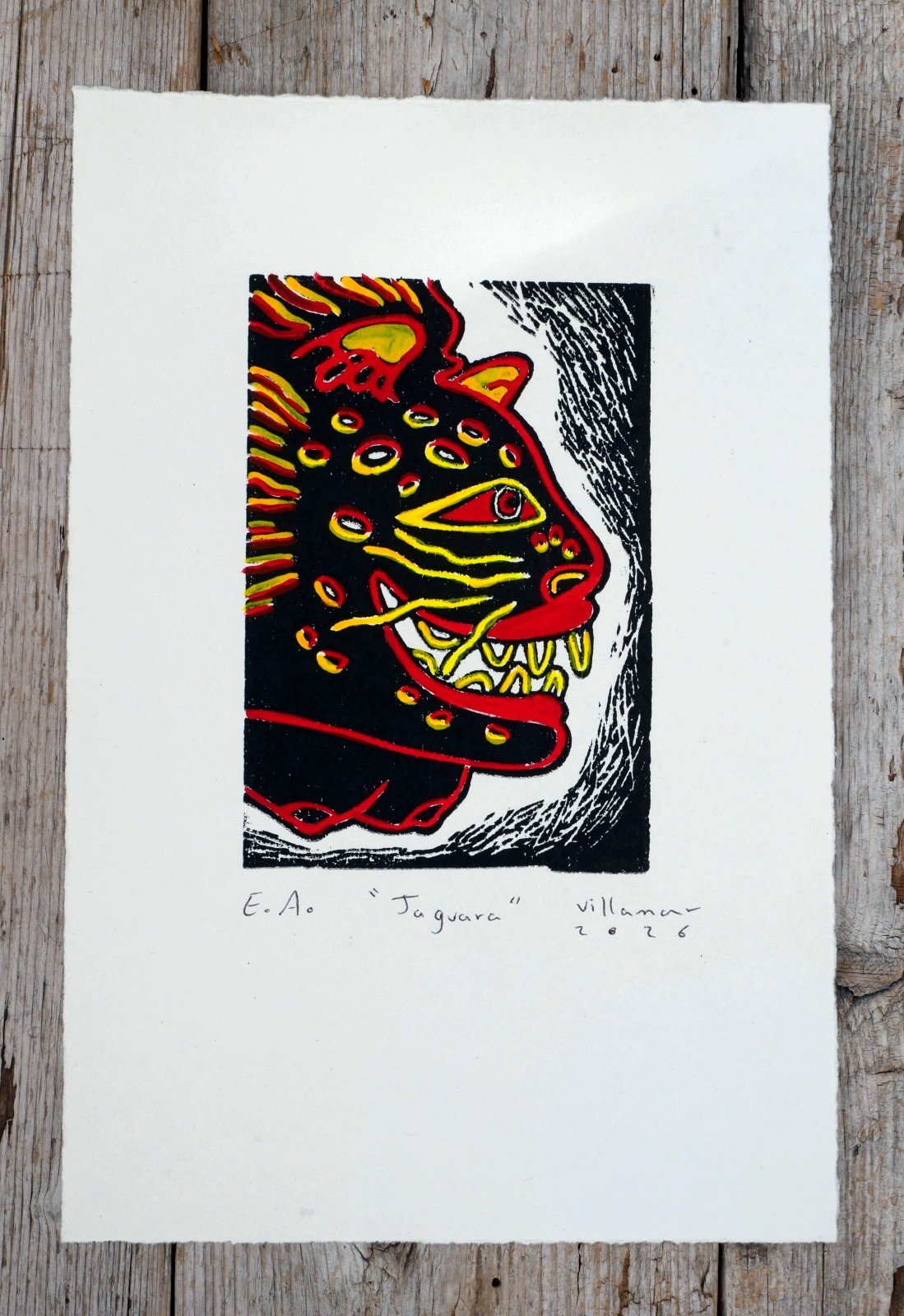 Fierce Jaguar Balam Woodcut Print Handmade Hand Tinted Un-Framed Mexico Folk Art