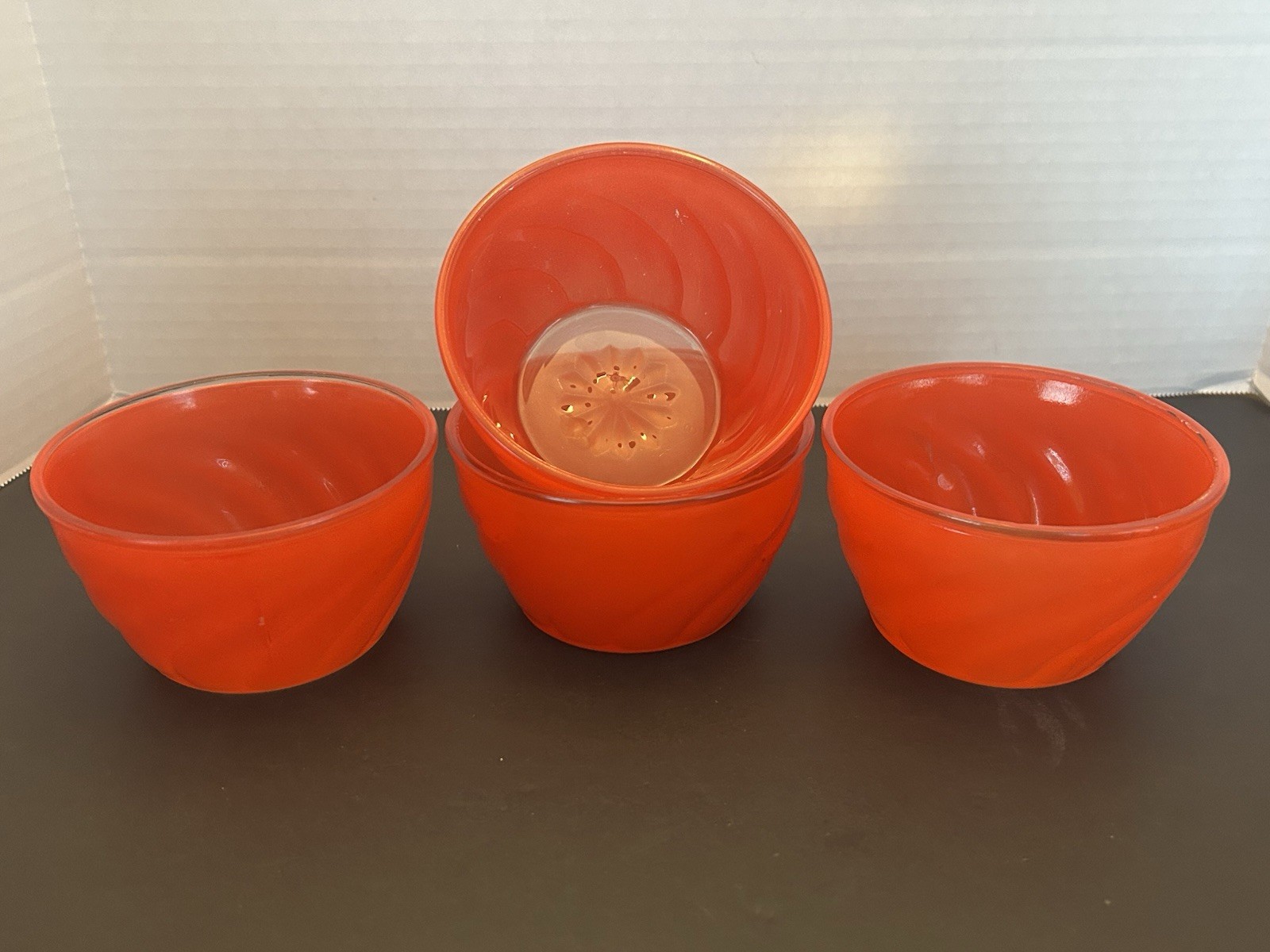 Set of 4 Glasbake Sue Bee Honey Red Orange Swirl Glass Bowls MCM 1950's