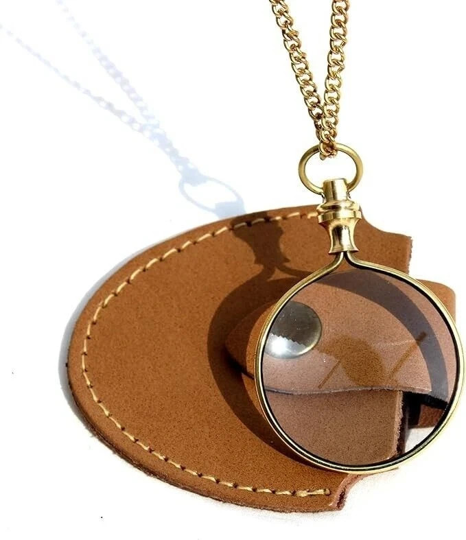 Shiny Brass Magnifying Glass Necklace Handmade Vintage chain Reader Magnifier