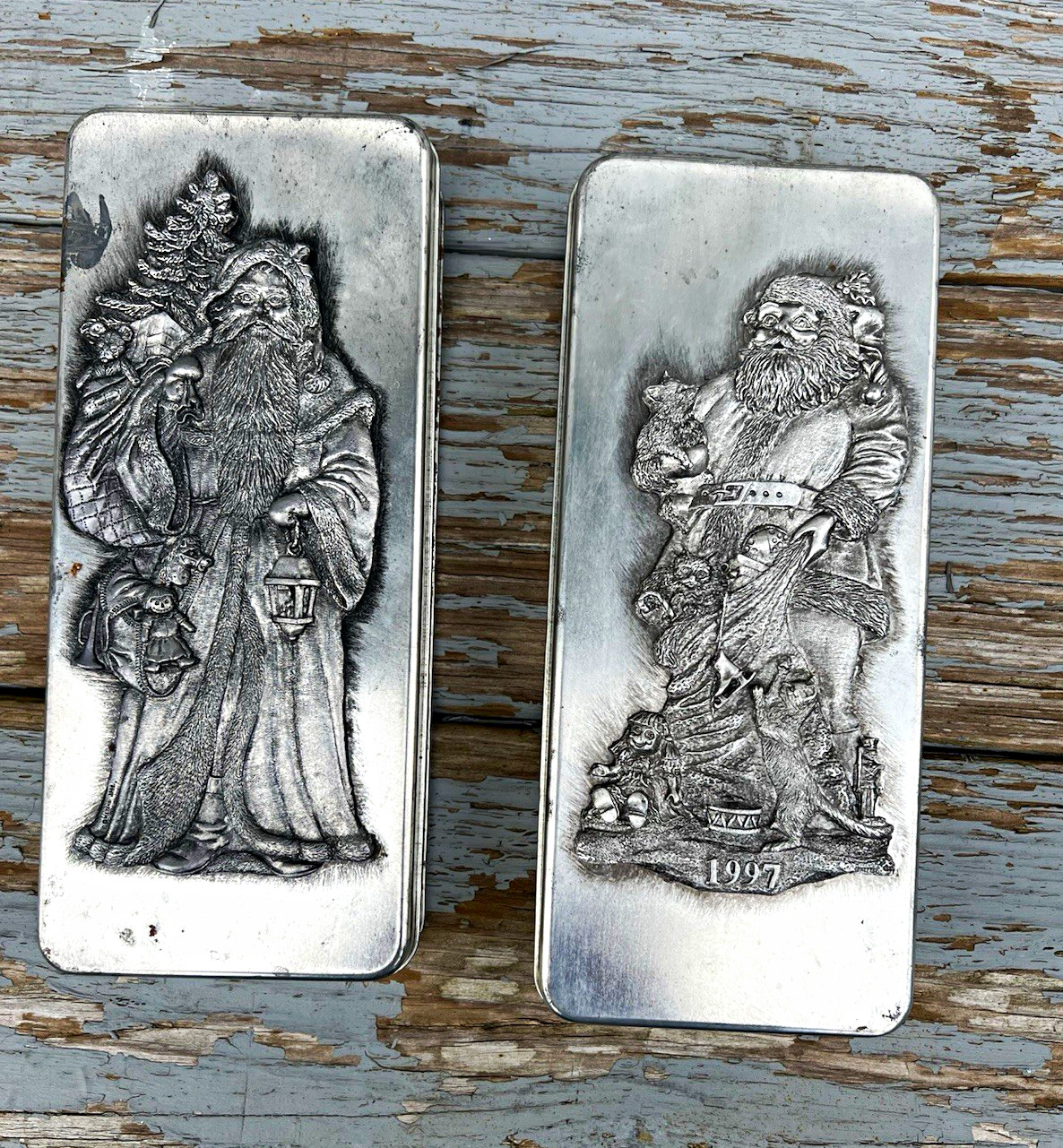 Vintage 1997 Metzke Pewter Santa Claus Trinket Boxes Pair Christmas Decor