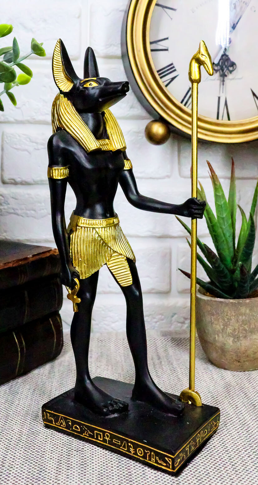 Egyptian Standing Anubis Holding Staff Statue God of Afterlife Mummification Egyptian Standing Anubis Holding Staff Statue God of Afterlife Mummification